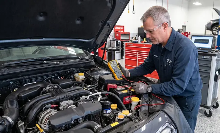 A technician testing a car battery and alternator with a multimeter