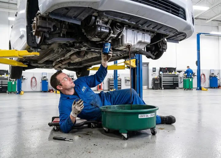 A technician changing a car's oil filter under a car on a lift